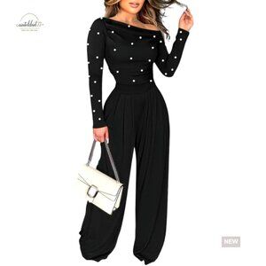 Long Sleeve Jumpsuit with Pearl Decor, Ruched Waist, Regular Fit, Medium
